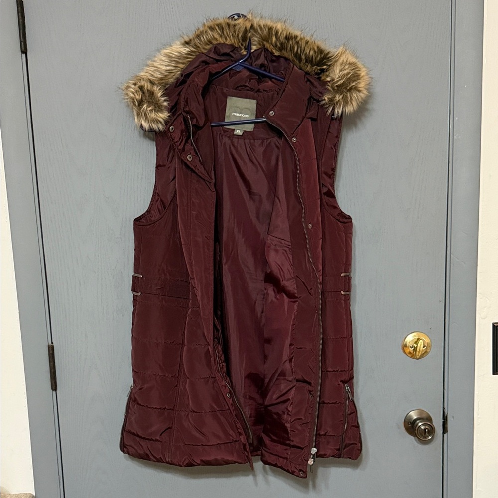 Maurices Maroon Puffer Vest with Faux Fur Hood
